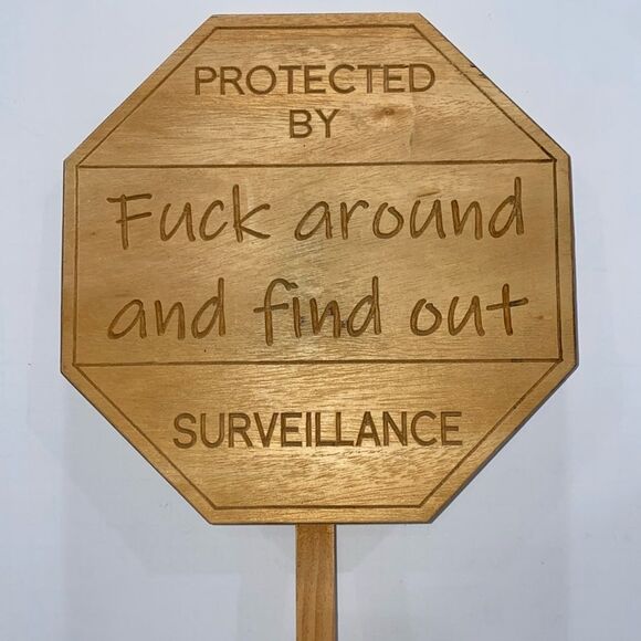 Handcrafted Wooden F••k Around and Find Out Surveillance Yard Sign - Picture 3 of 9